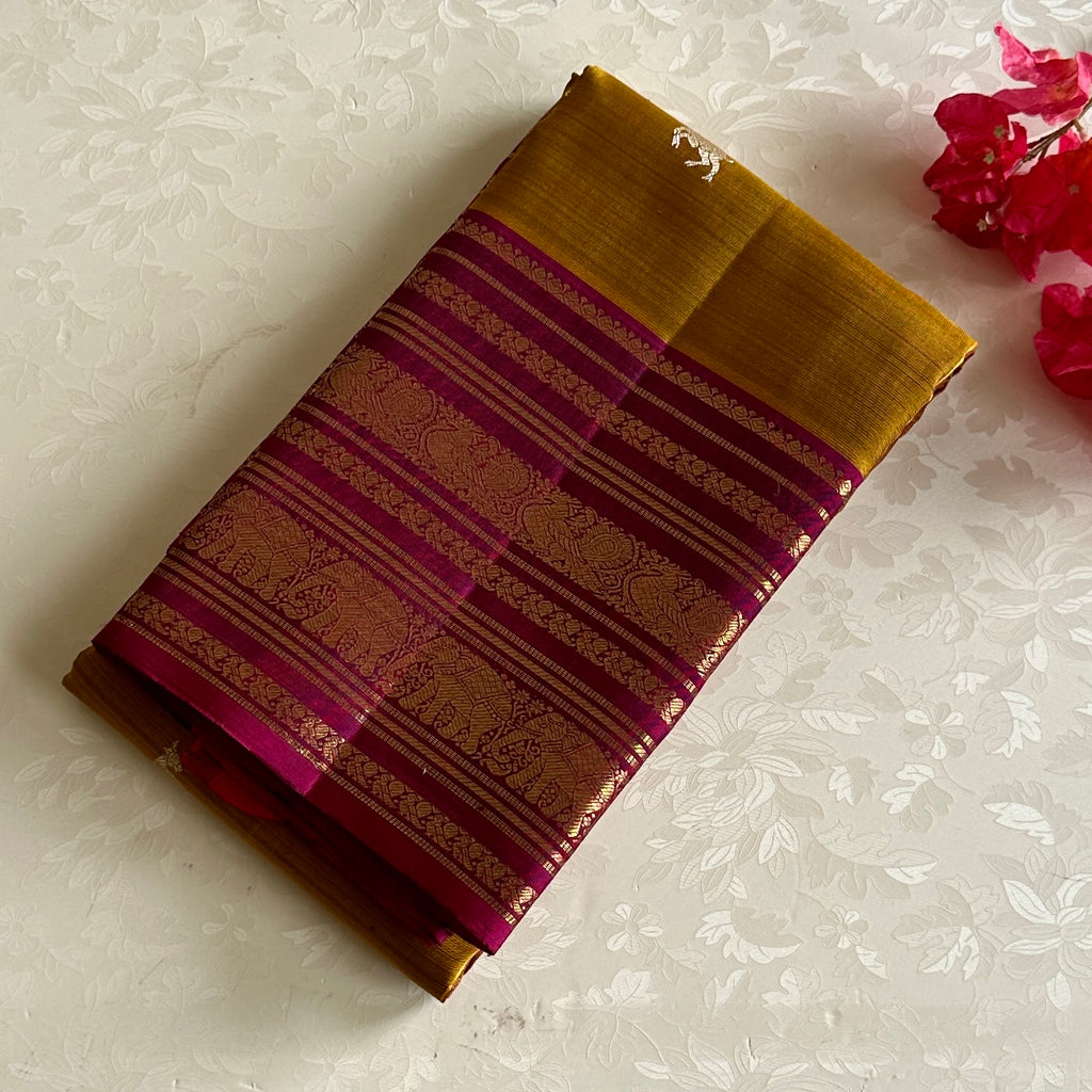 Classic Mustard With Magenta Pure Zari Kanjeevaram Deer & Elephant Motifs