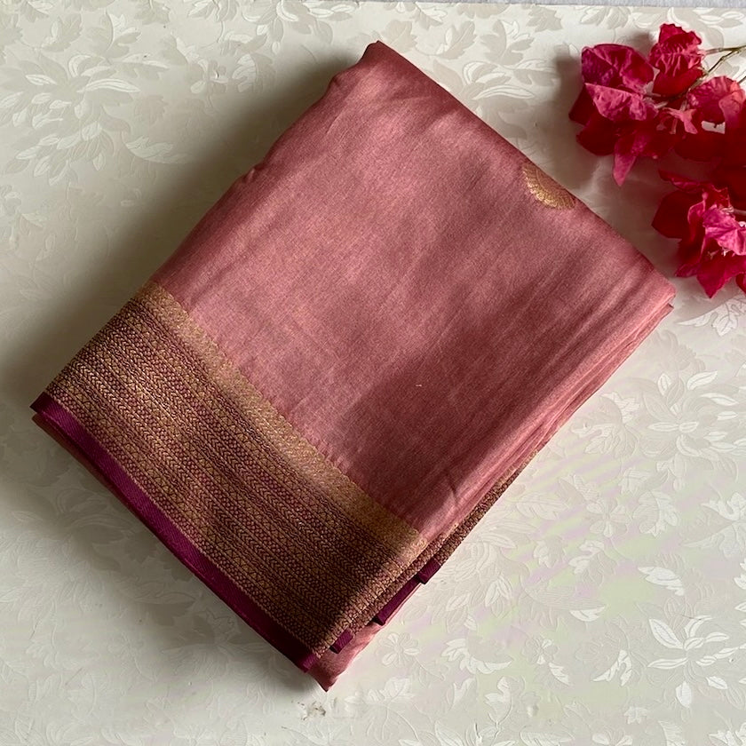 Dusty Rose Soft Tussar Silk Saree With Wine Maroon Pallu