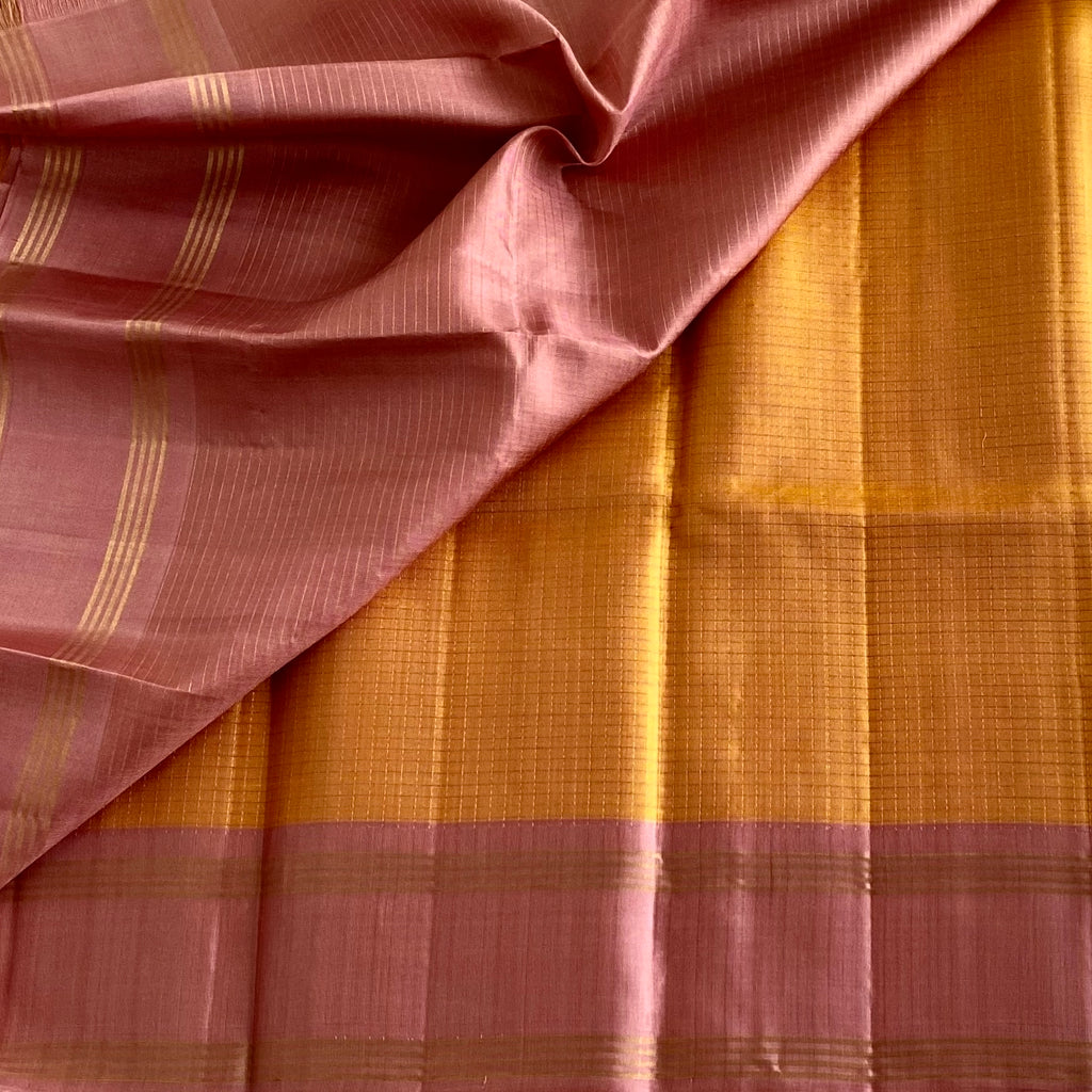 Mustard Checkered Designer Pure Silk Saree With Dusty Rose Pallu