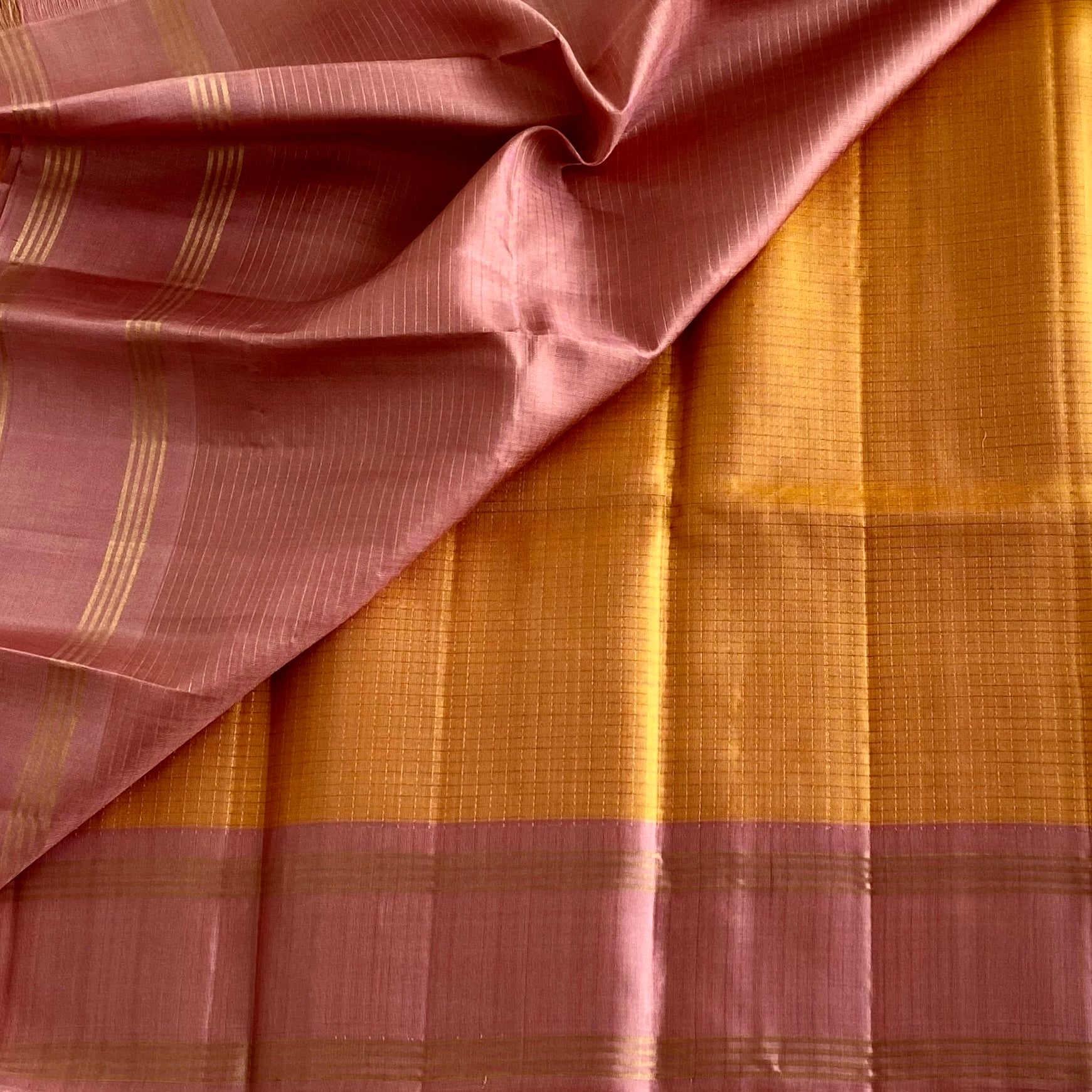 Mustard Checkered Designer Pure Silk Saree With Dusty Rose Pallu