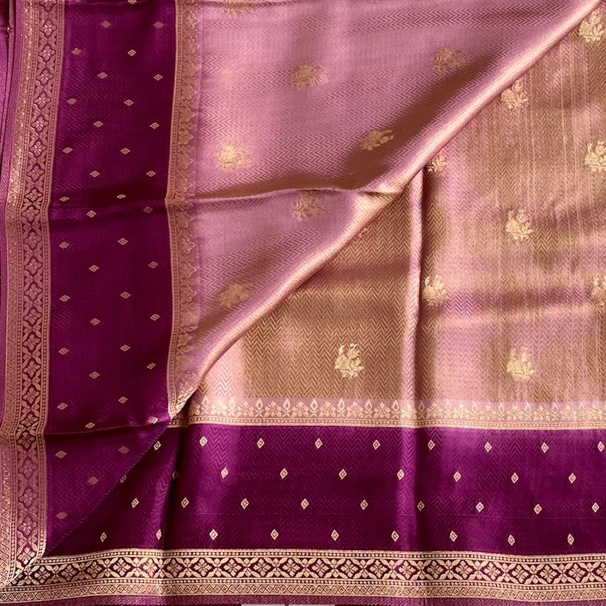 Dual Shaded Rose Gold Soft Blended Silk With Wine Purple Pallu