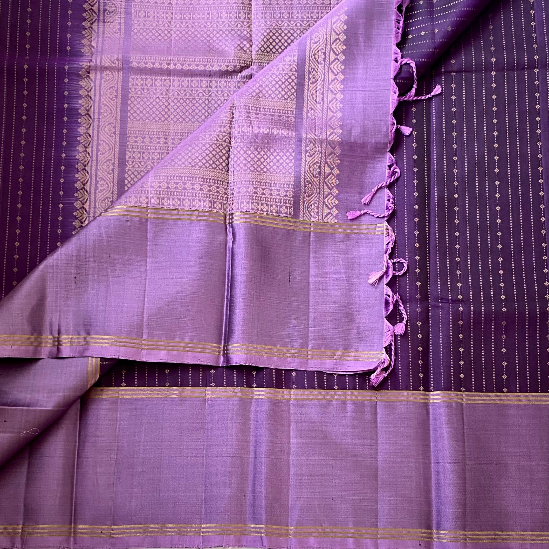 Plum Silk Saree With Lavender Pallu And Antique Gold Zari