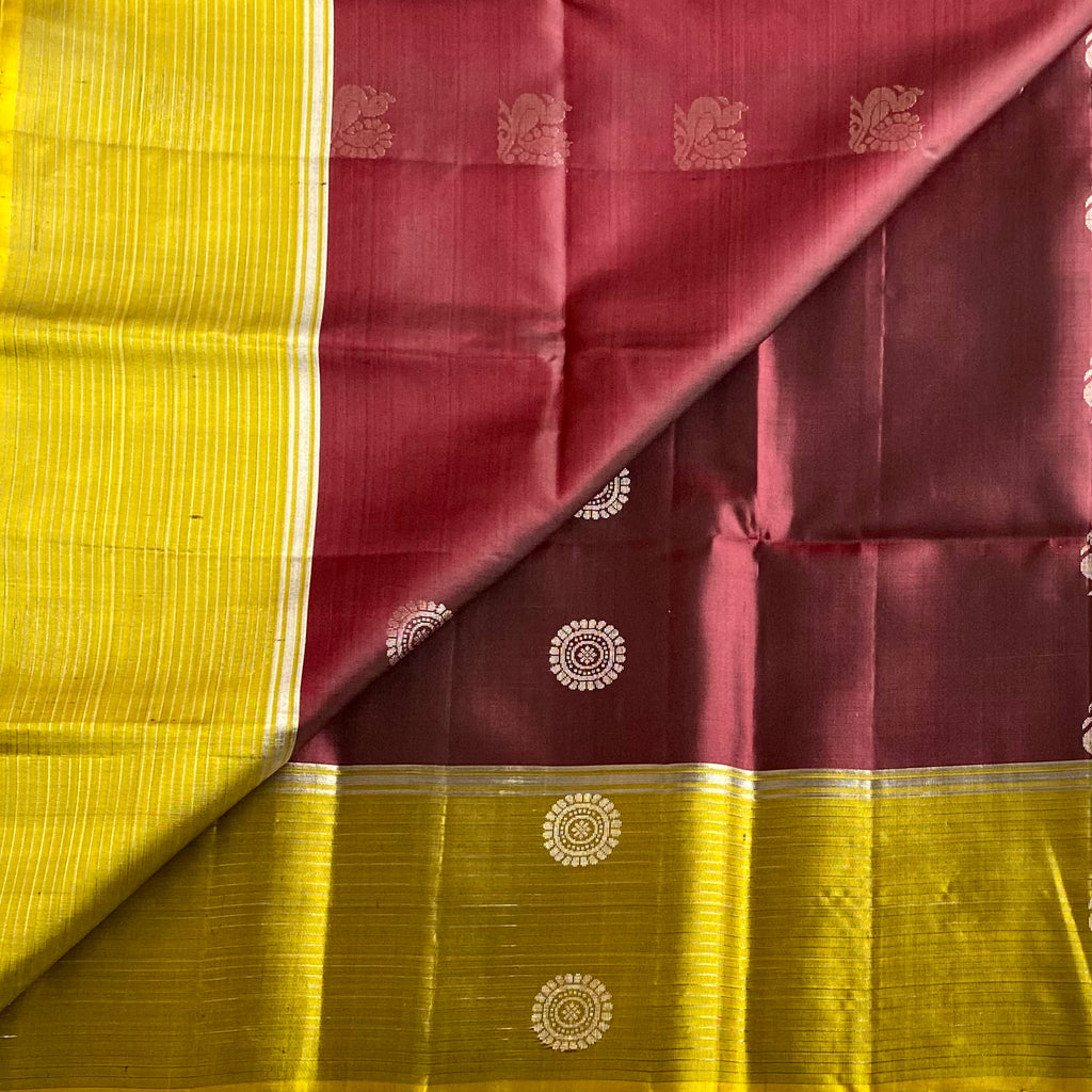 Deep Wine Maroon Designer Pure Silk Saree With Mustard Yellow Pallu
