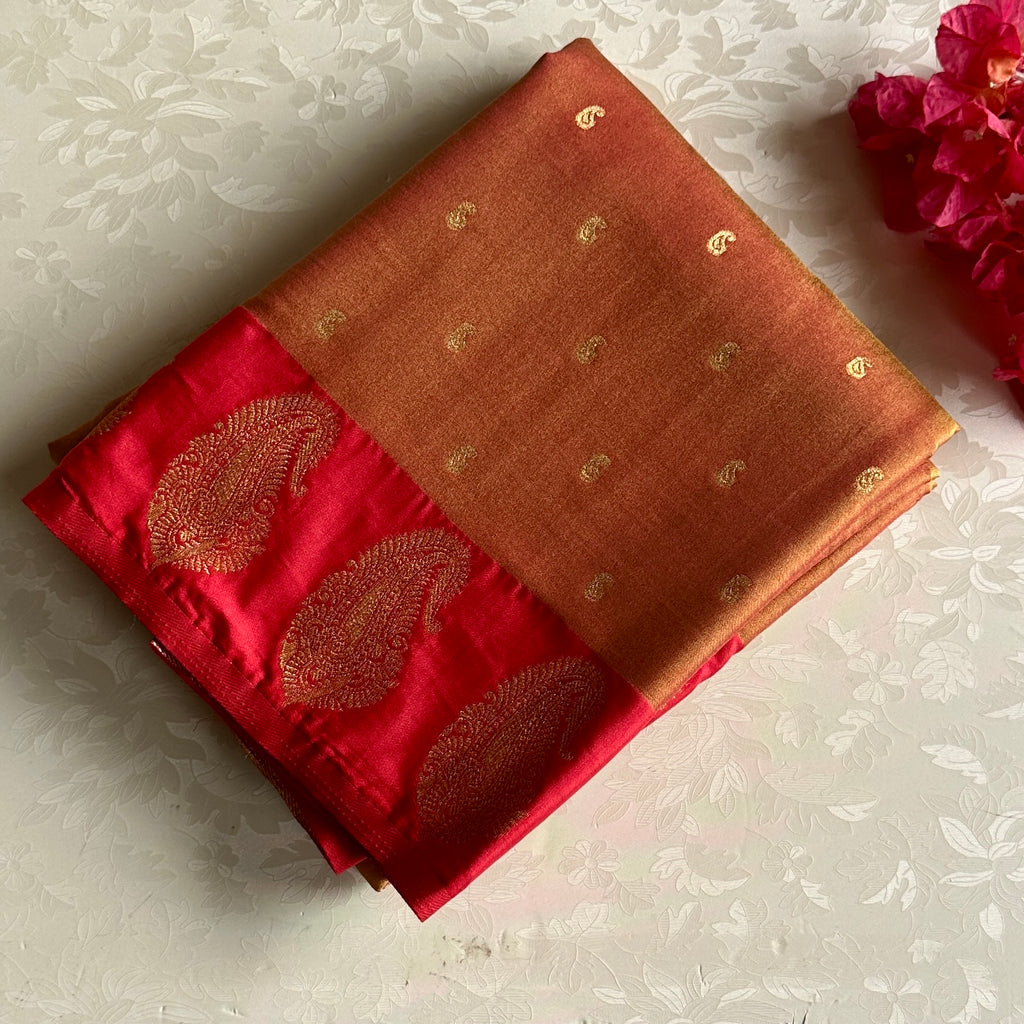 Burnt Orange Silk Saree with Gold Brocade Crimson Paisley Border