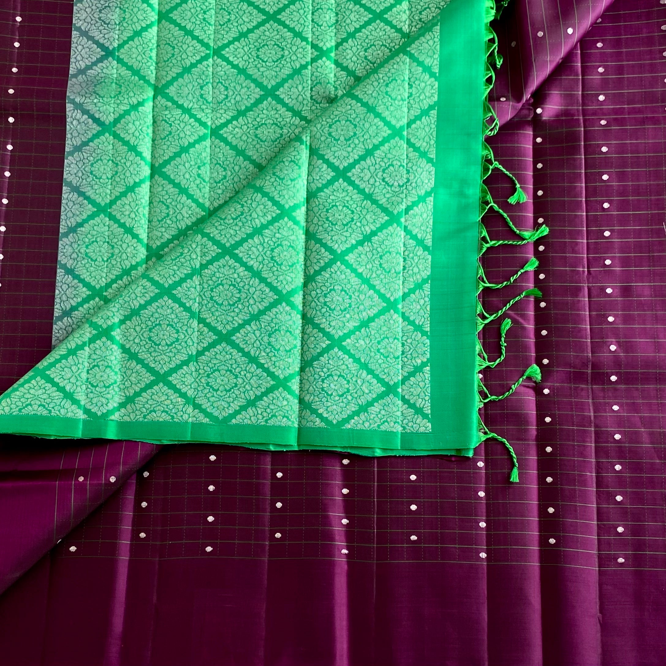 Deep Plum Designer Pure Silk Saree With Emerald Green Pallu