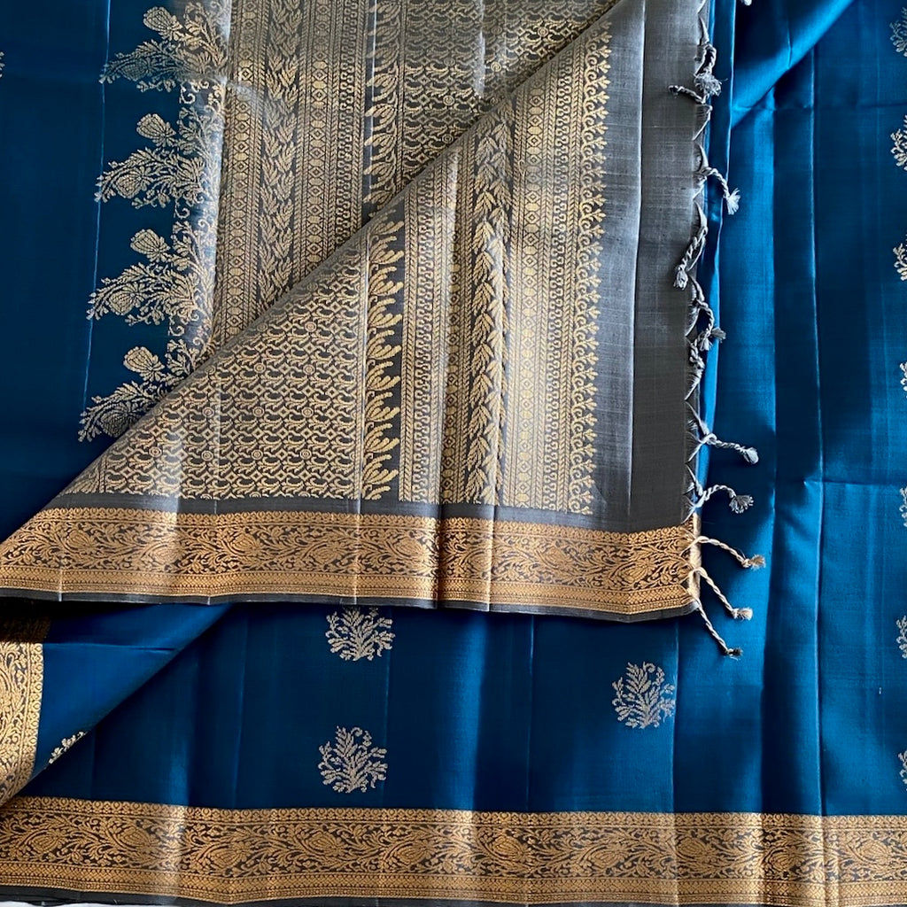 Peacock Blue Designer Pure Silk Saree With Antique Gold Pallu