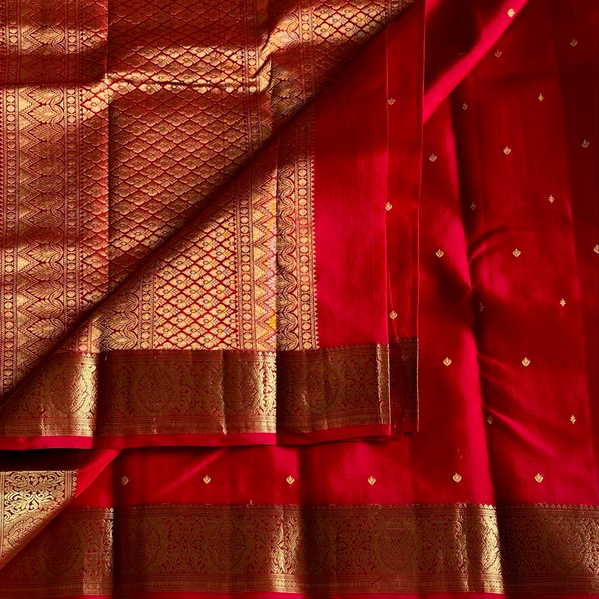 Crimson Red Designer Pure Silk Saree With Antique Gold Brocade