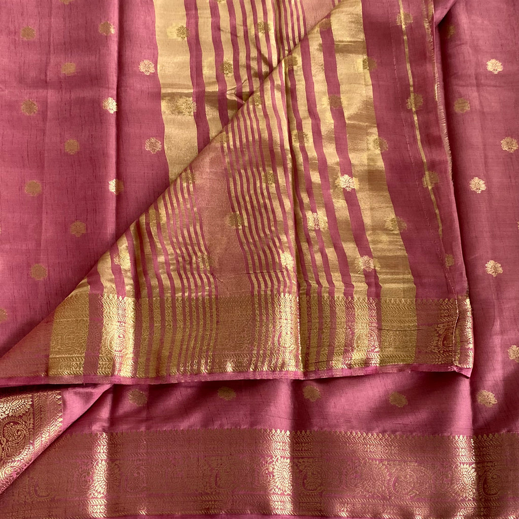 Magenta Silk Saree Gold Butta Striped Zari Pallu Paisley Border