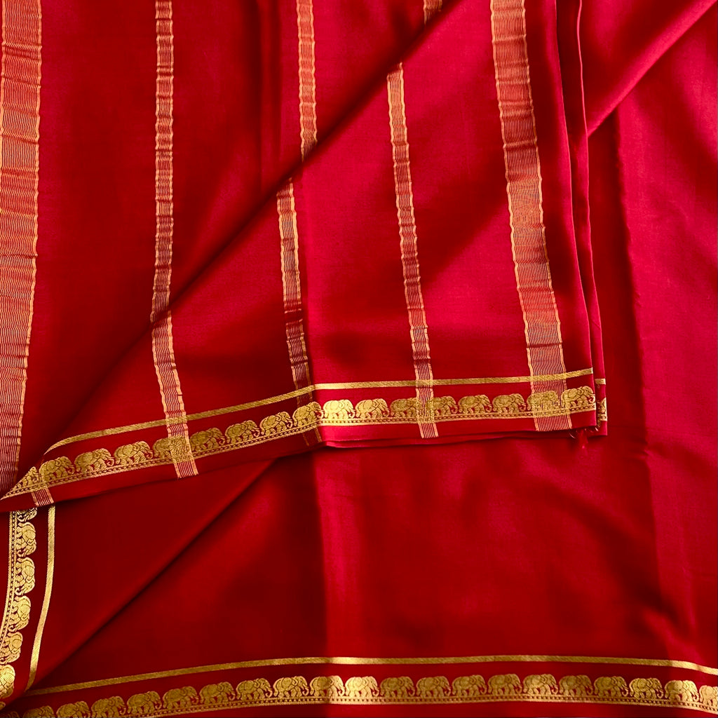 Crimson Red Mysore Crepe Silk Saree With Metallic Gold Stripes