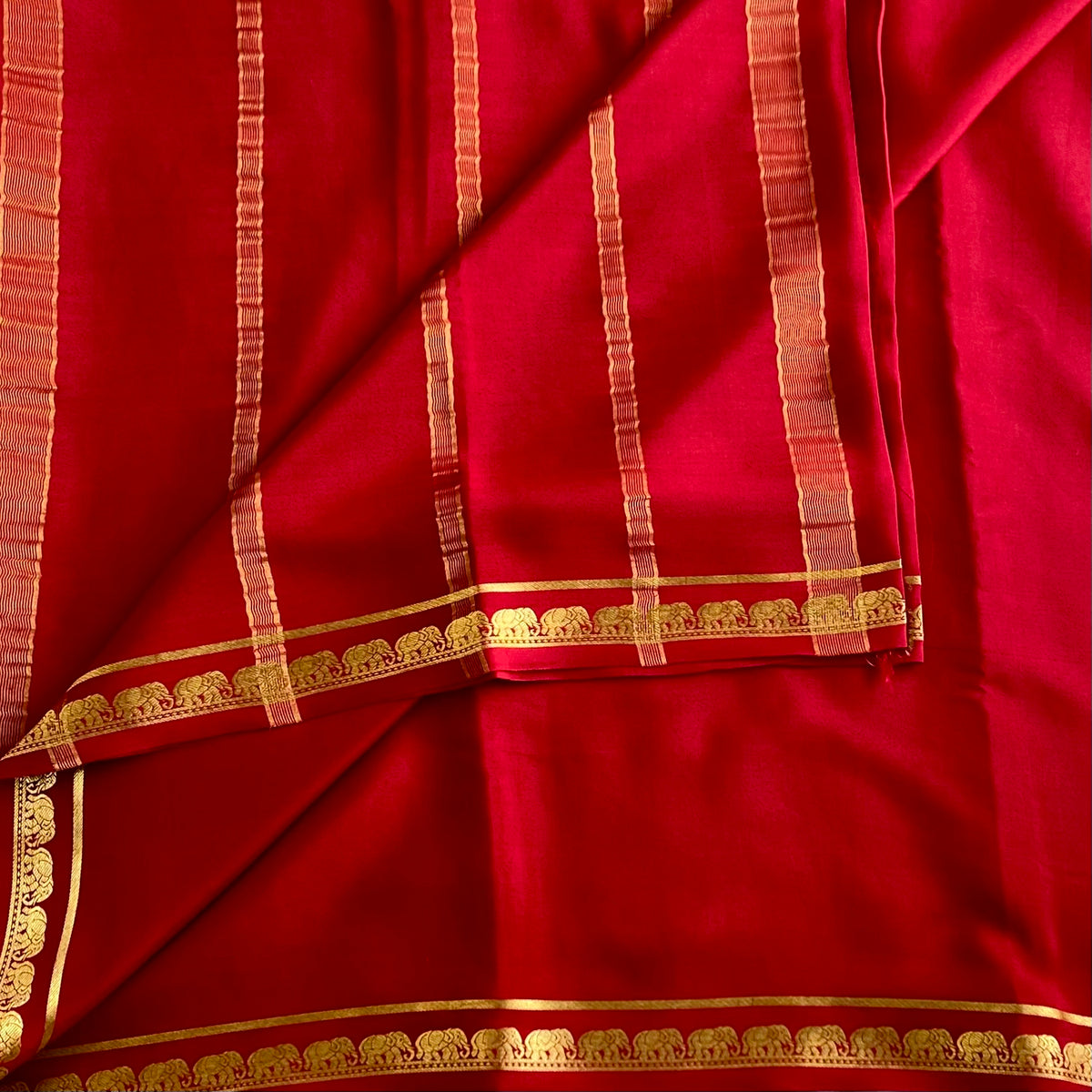 Crimson Red Mysore Crepe Silk Saree With Metallic Gold Stripes