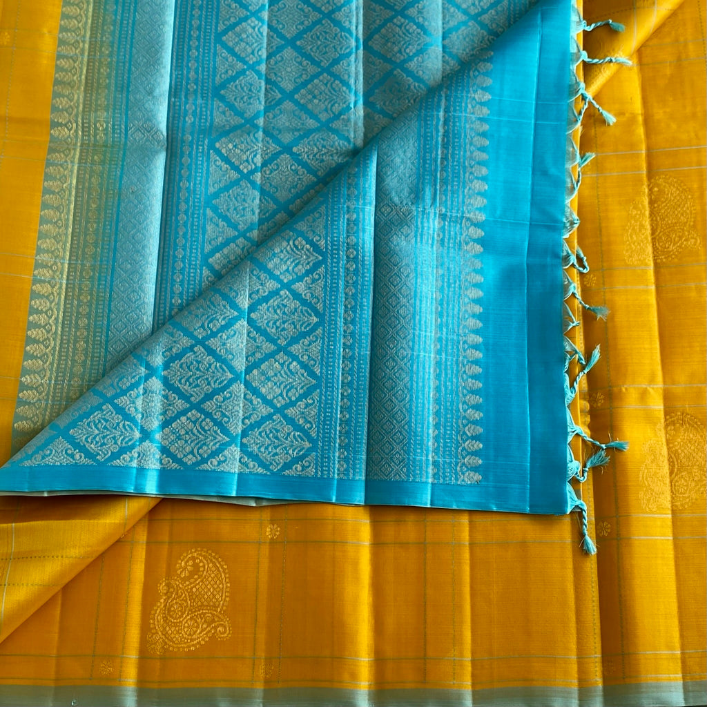 Honey Yellow Designer Pure Silk Saree With Vivid Sky Blue Pallu