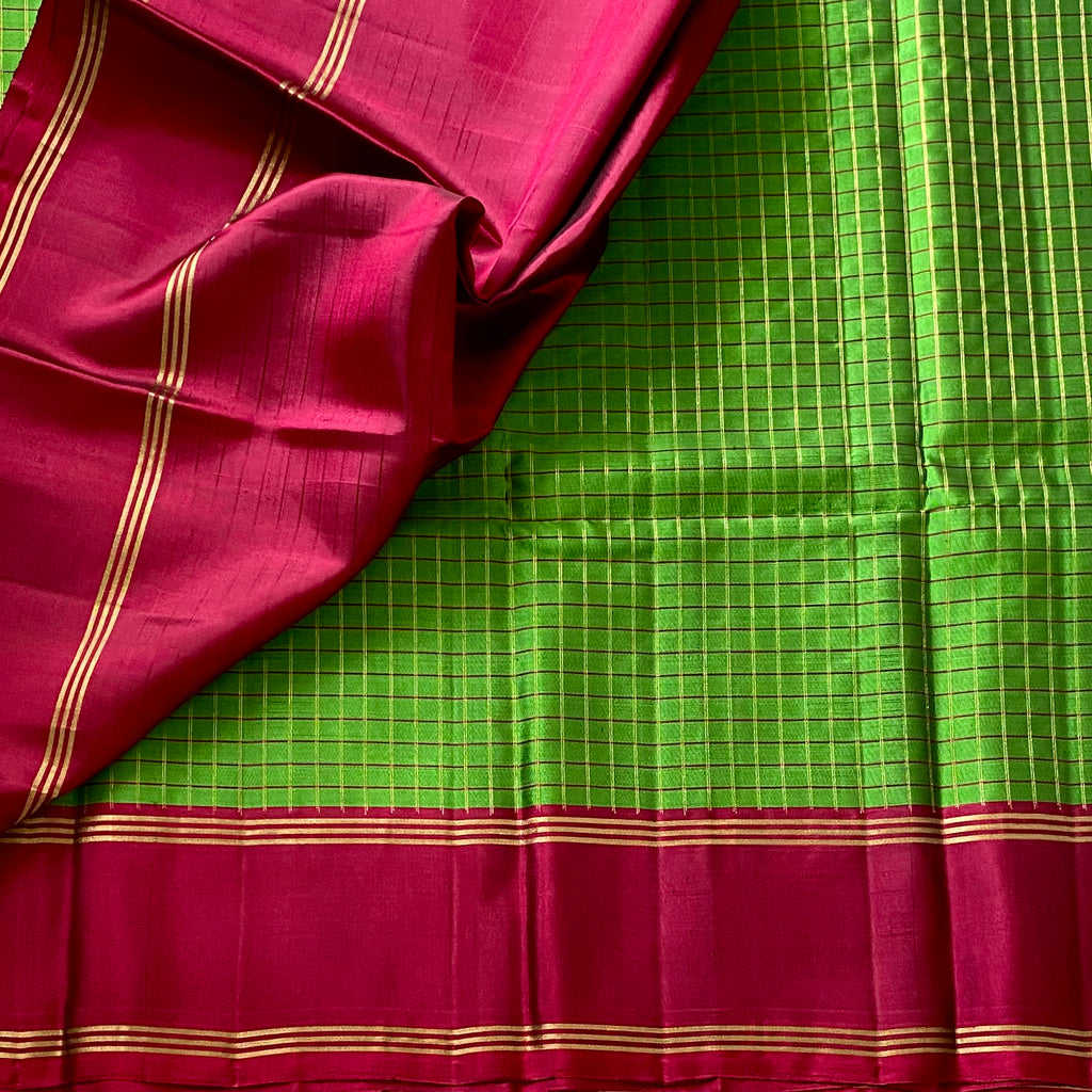 Checkered Traditional Green with Deep Magenta Contrast Designer Pure Silk