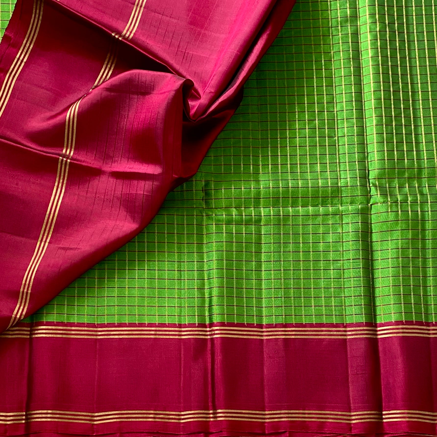 Checkered Traditional Green with Deep Magenta Contrast Designer Pure Silk