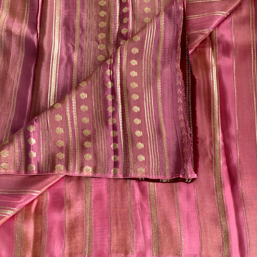 Magenta Silk Saree Gold Zari Vertical Stripes Floral Pallu Elegant
