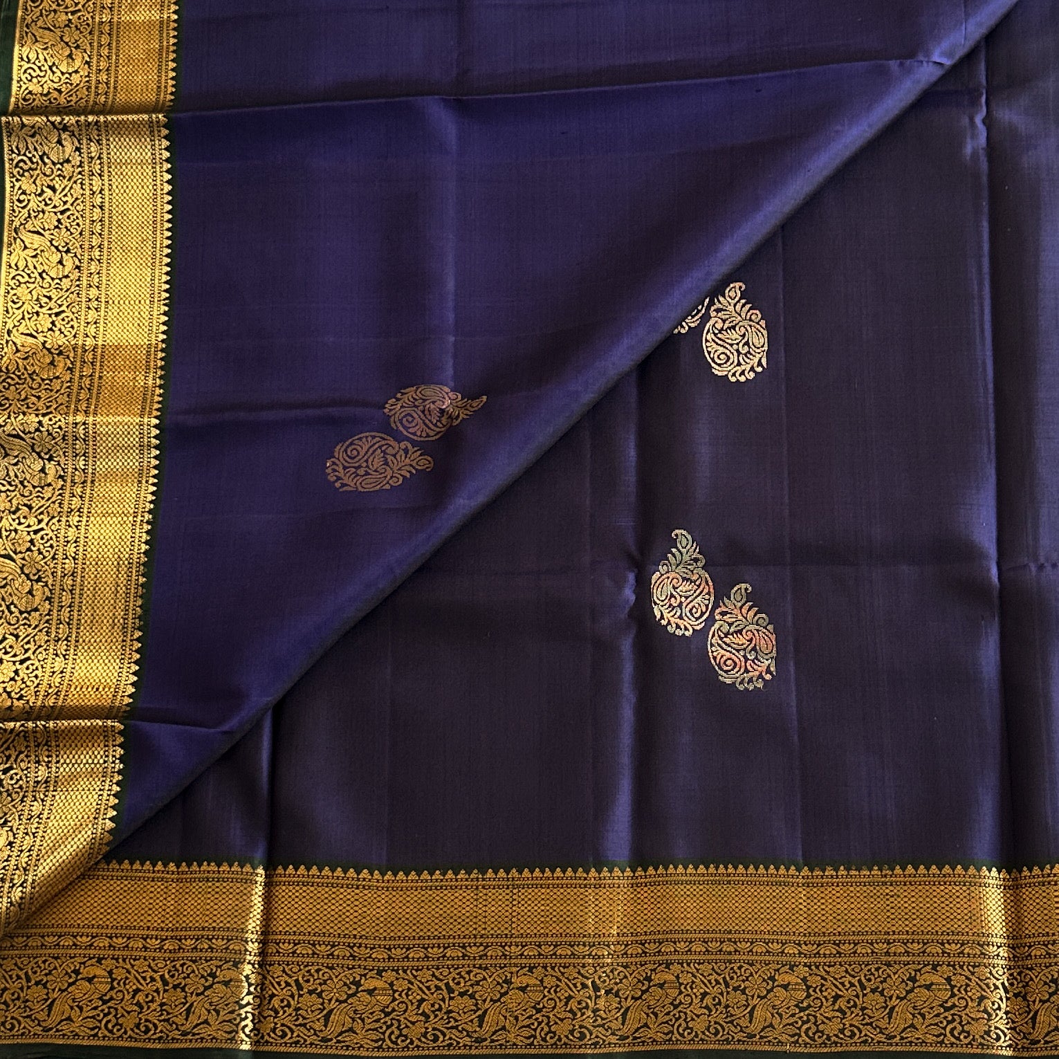Midnight Navy with Bottle green Handwoven Designer Pure silk