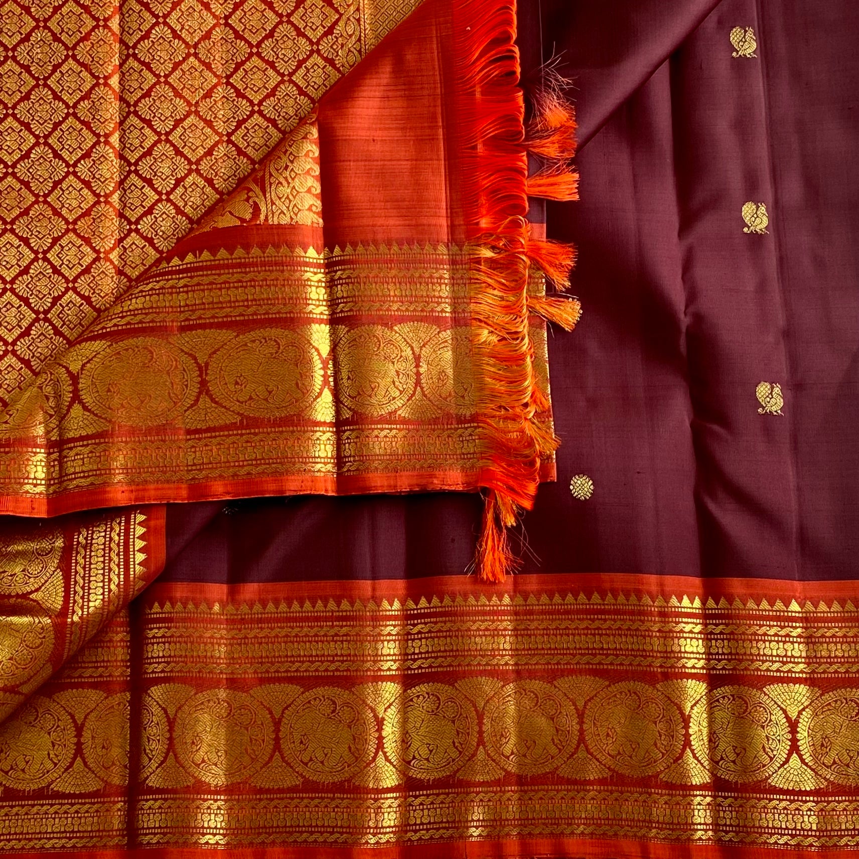 Deep Wine Brown Kanjeevaram Pure Zari Silk Saree With Saffron Orange Pallu