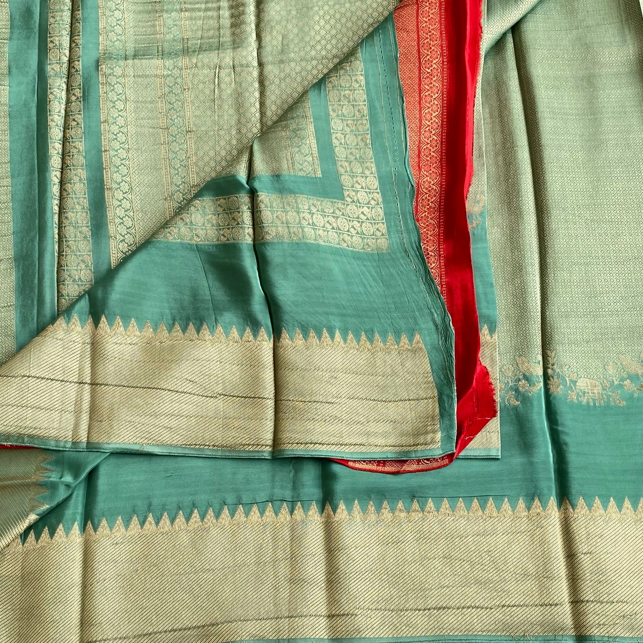 Persian Green With Rosso Red Soft Tussar Silk Saree