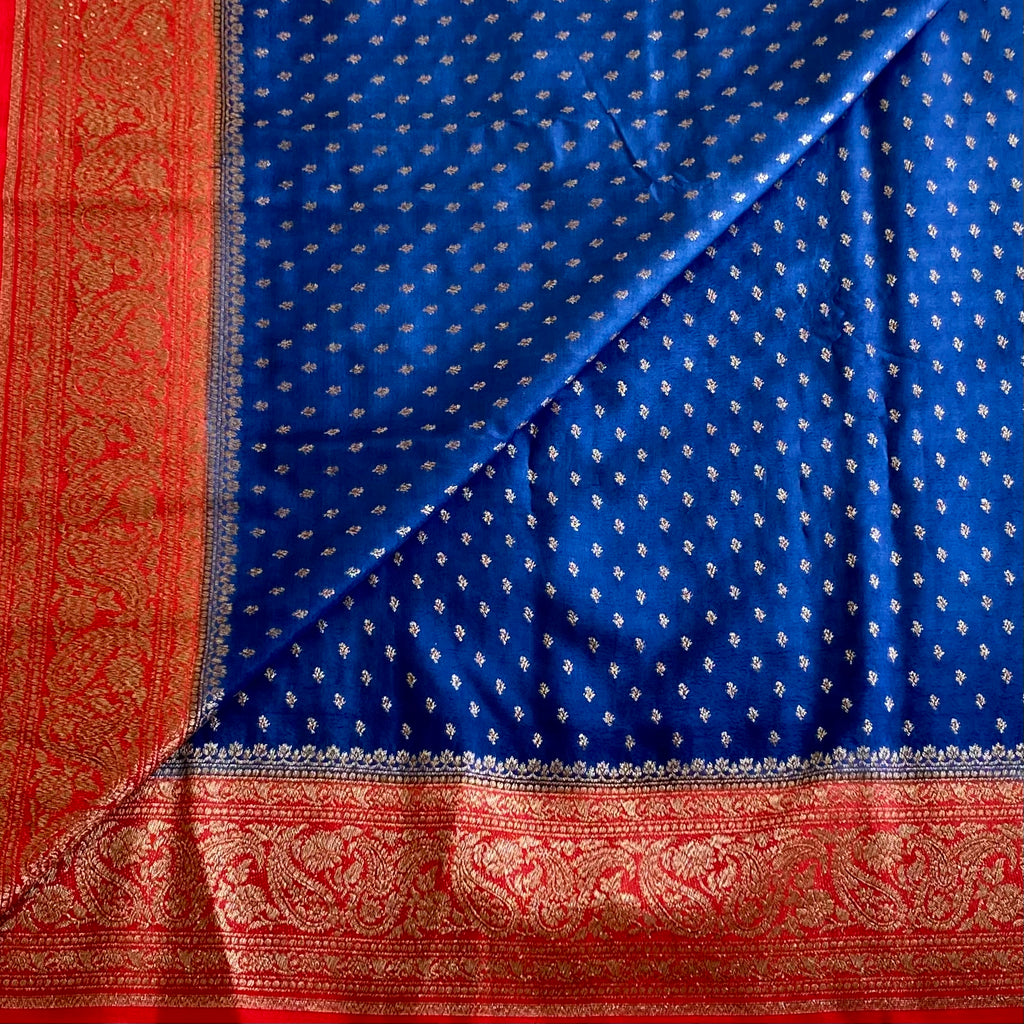 Royal Denim Blue Banarasi Crepe Silk Saree With Scarlet Red  Border
