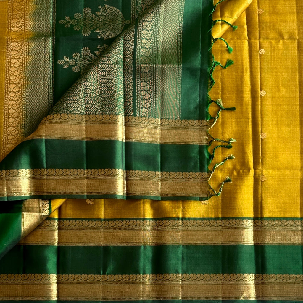 Deep Teal Gold Zari Floral Saree with Mustard Border