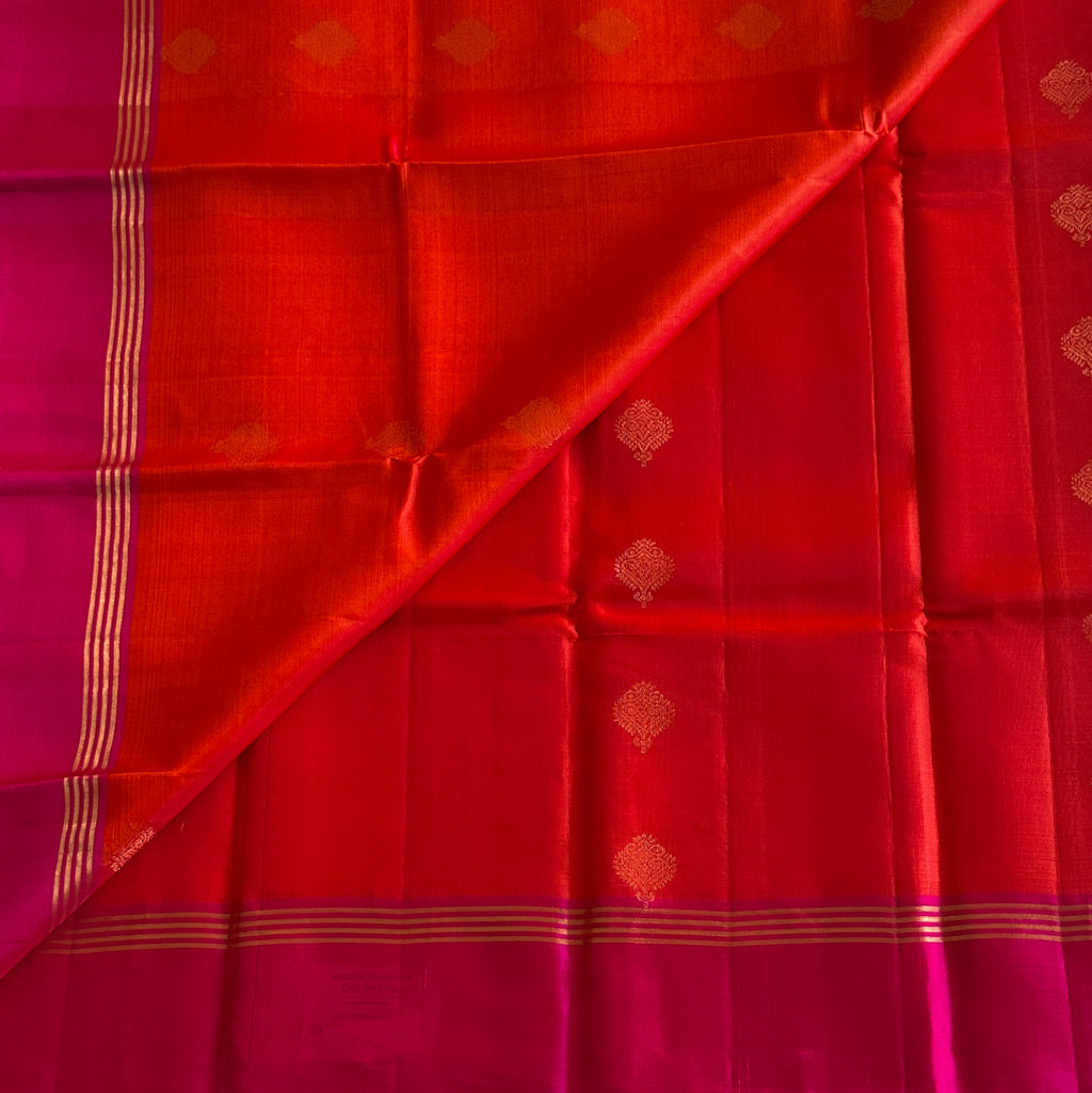 Fuchsia Vermilion Silk Saree Gold Zari Geometric Pallu Wedding Wear