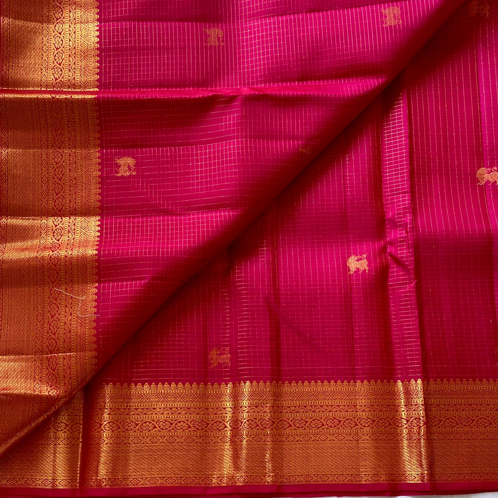 Rani Pink Luxurious Kanjeevaram Pure Zari Silk With Temple Gold Border