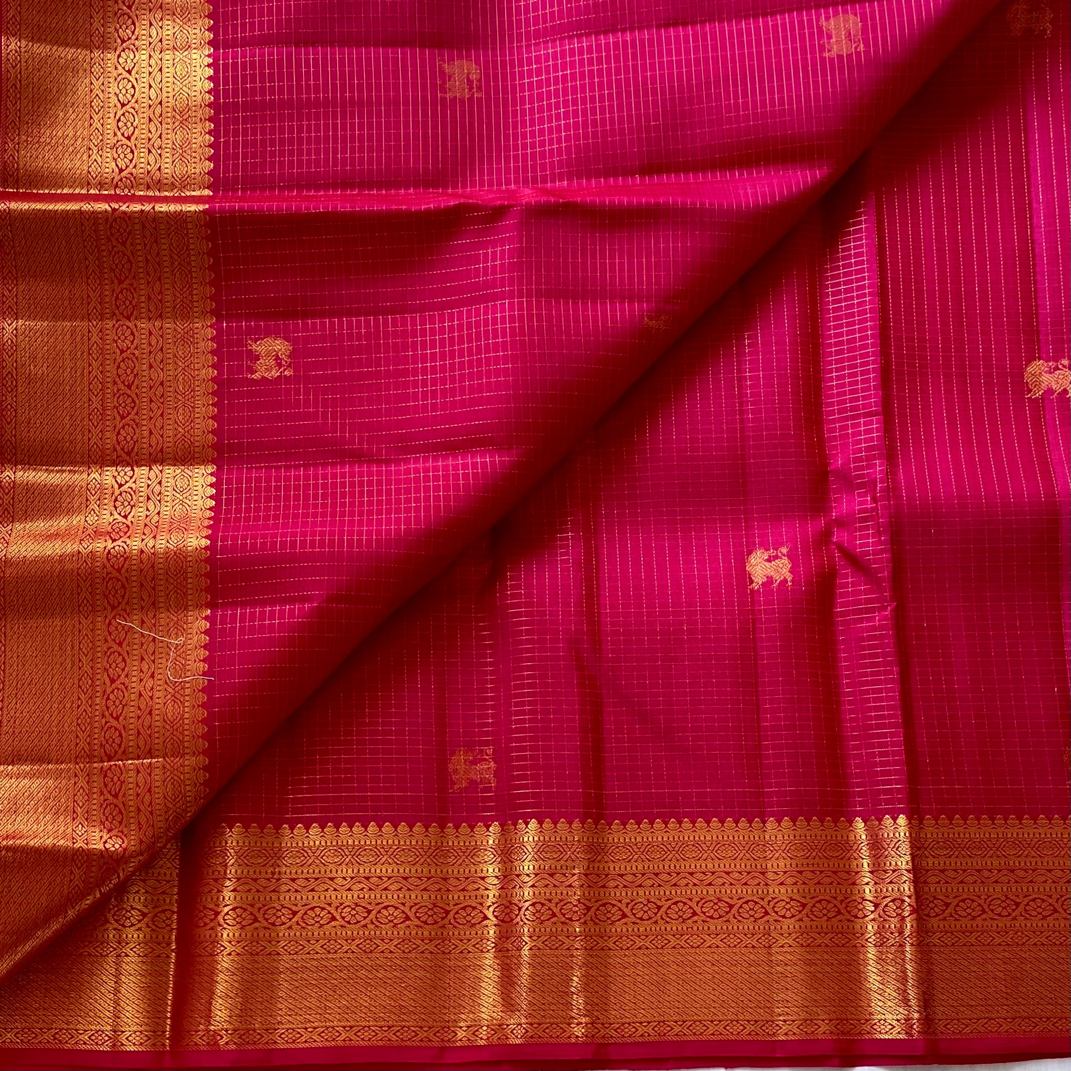 Rani Pink Luxurious Kanjeevaram Pure Zari Silk With Temple Gold Border