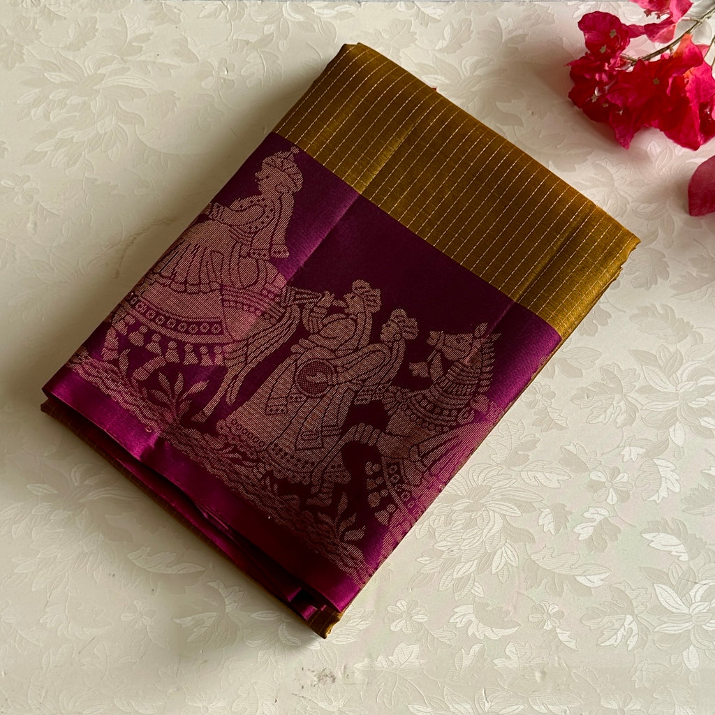 Mustard Gold Designer Pure Silk Saree With Rich Magenta Pallu