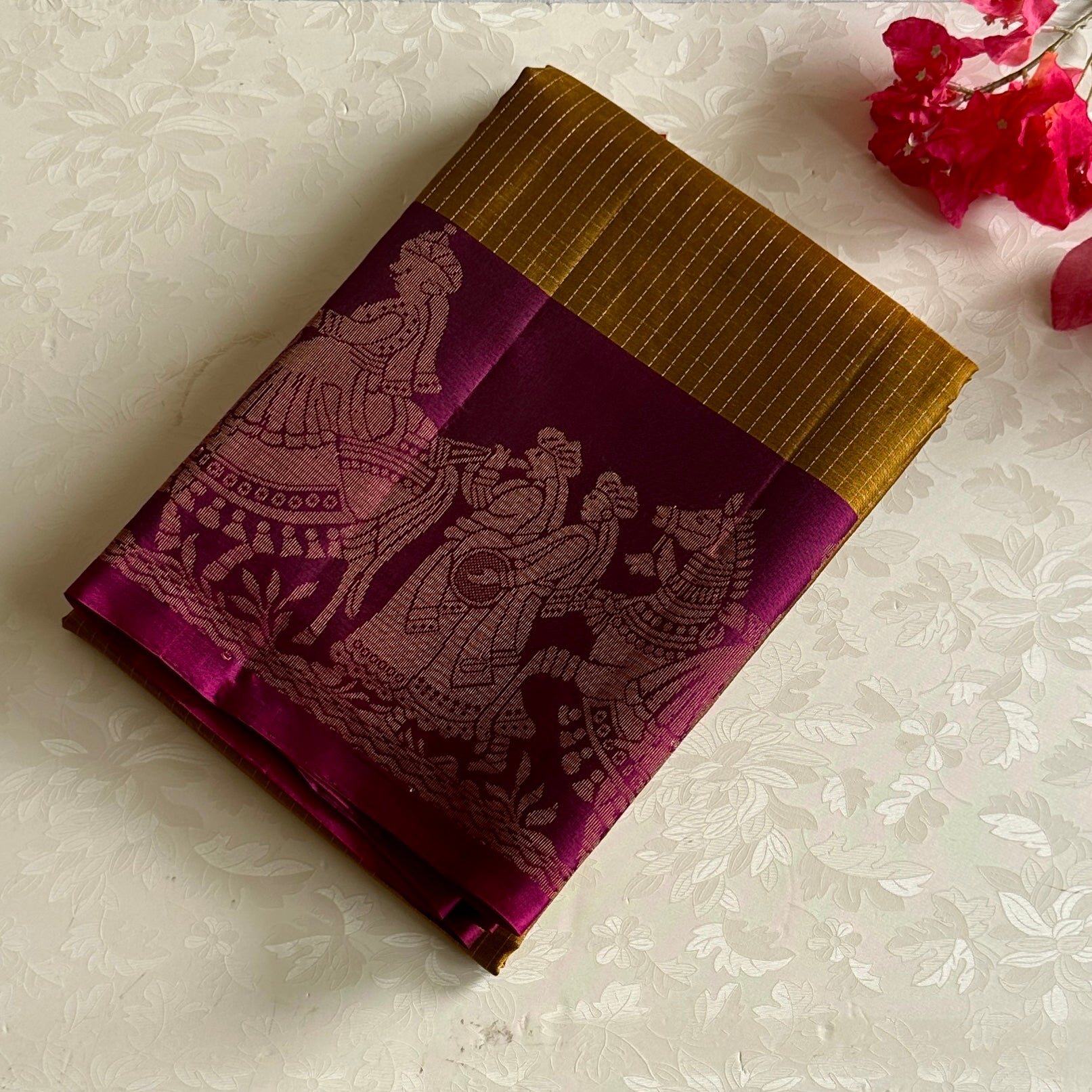 Mustard Gold Designer Pure Silk Saree With Rich Magenta Pallu