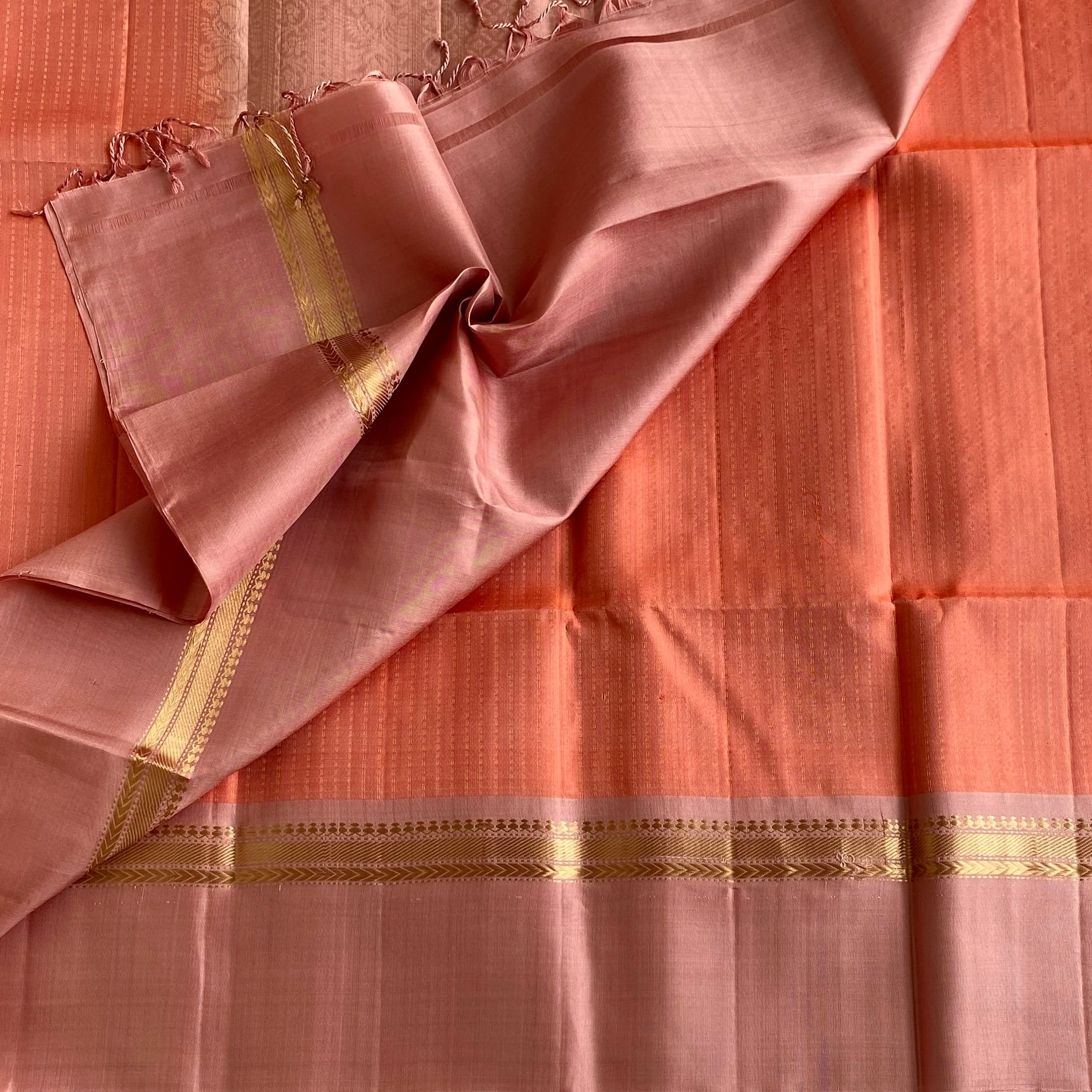 Dusty Peach Designer Pure Silk Saree With Coral Orange Pallu