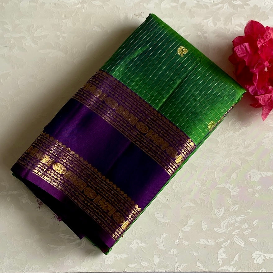 Luxurious Green with Rich Purple Kanjeevaram Pure Zari Silk Microcheckered Weave