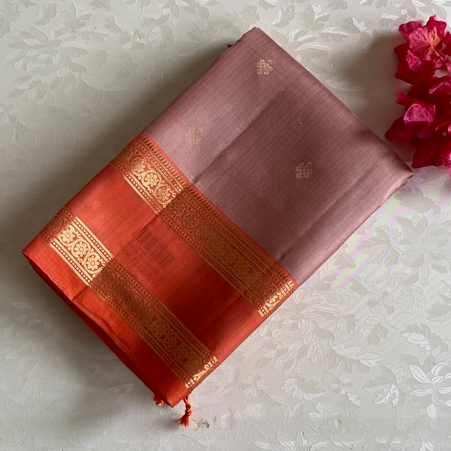 Dusty Mauve Designer Pure Silk Saree With Burnt Orange Pallu