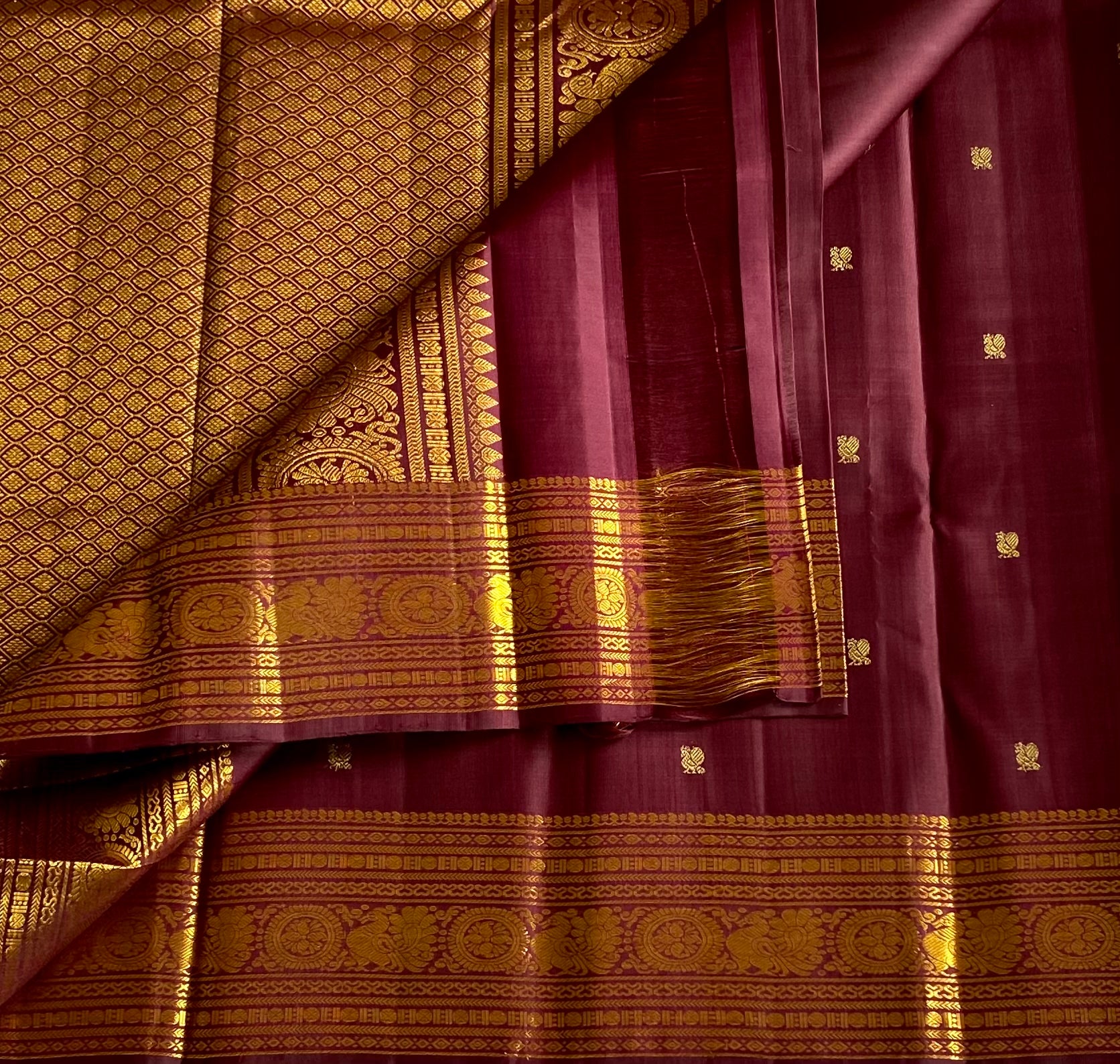 Traditional Deep Wine Silk Saree With Antique Gold Brocade Border