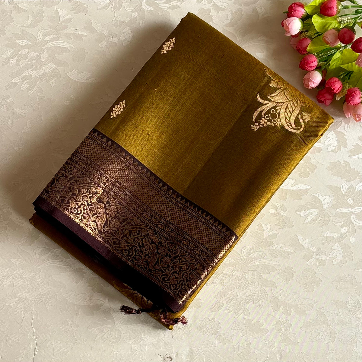 Deep Mustard Yellow Designer Pure Silk Saree With Wine Brown Pallu Gold Zari