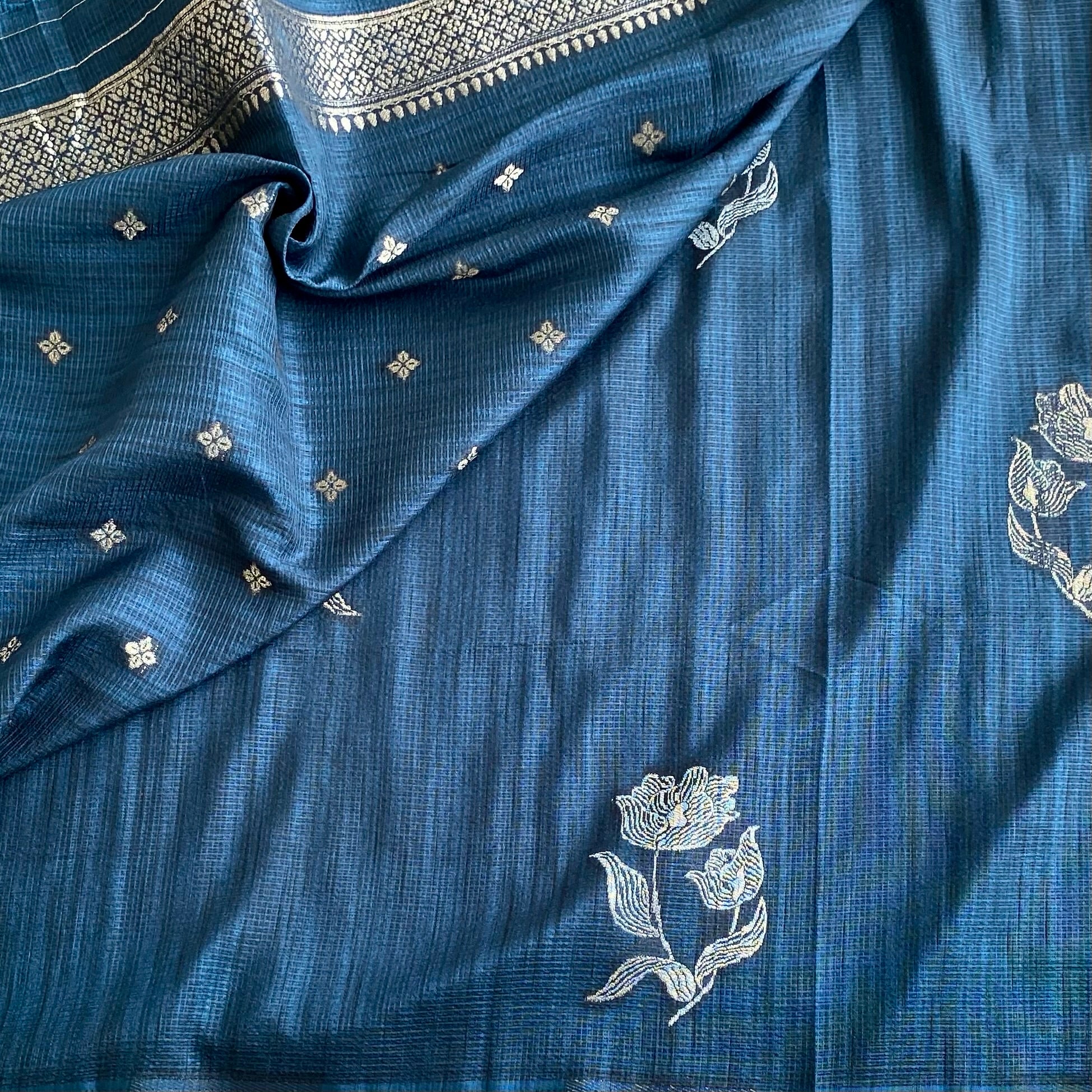 Teal Blue Soft Jute Tussar Saree With Silver Brocade Pallu