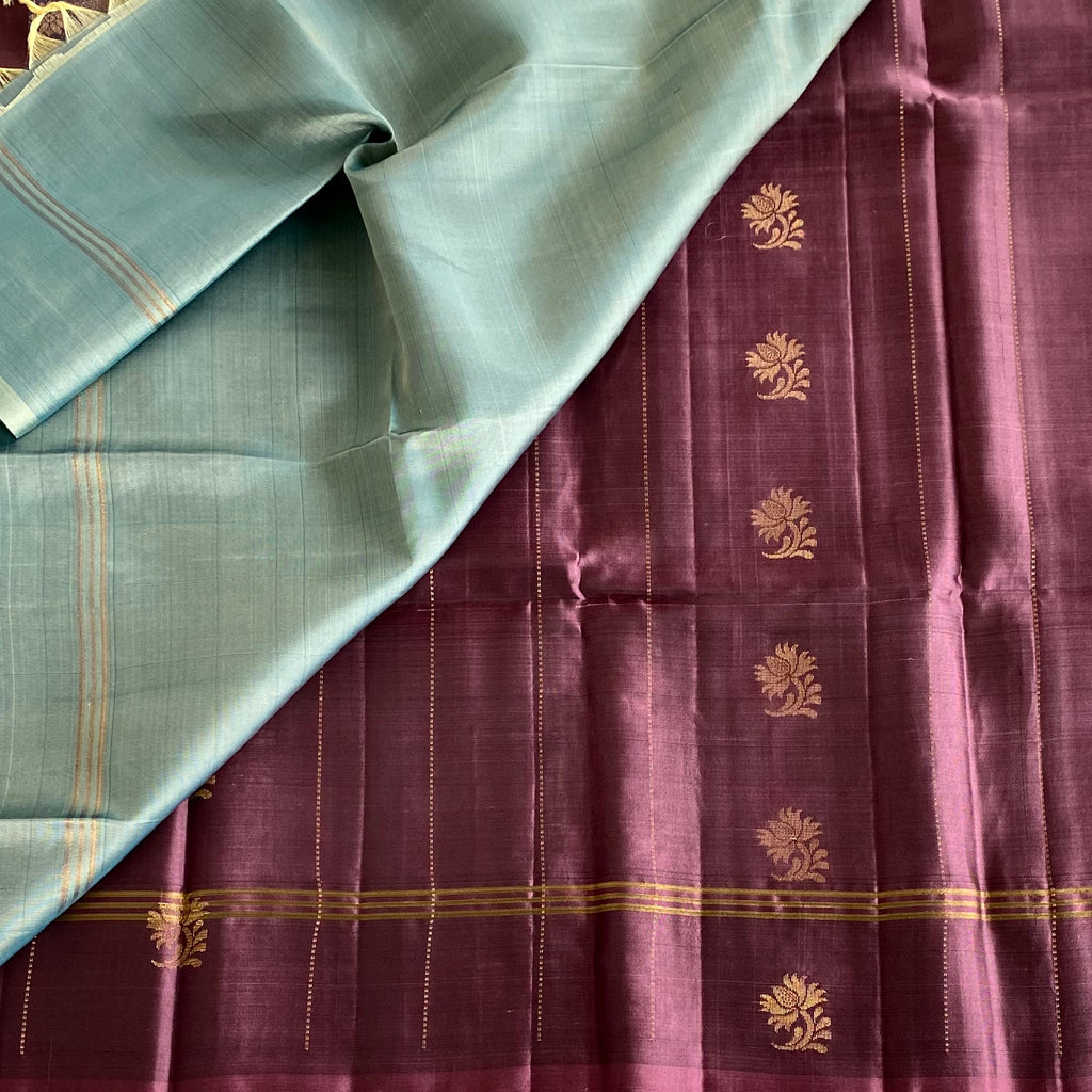 Plum Purple Designer Pure Silk Saree With Sage Green Pallu
