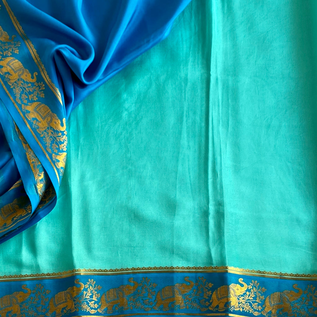 Sea Blue Mysore Crepe Silk Saree Turquoise Blue Pallu Gold Border