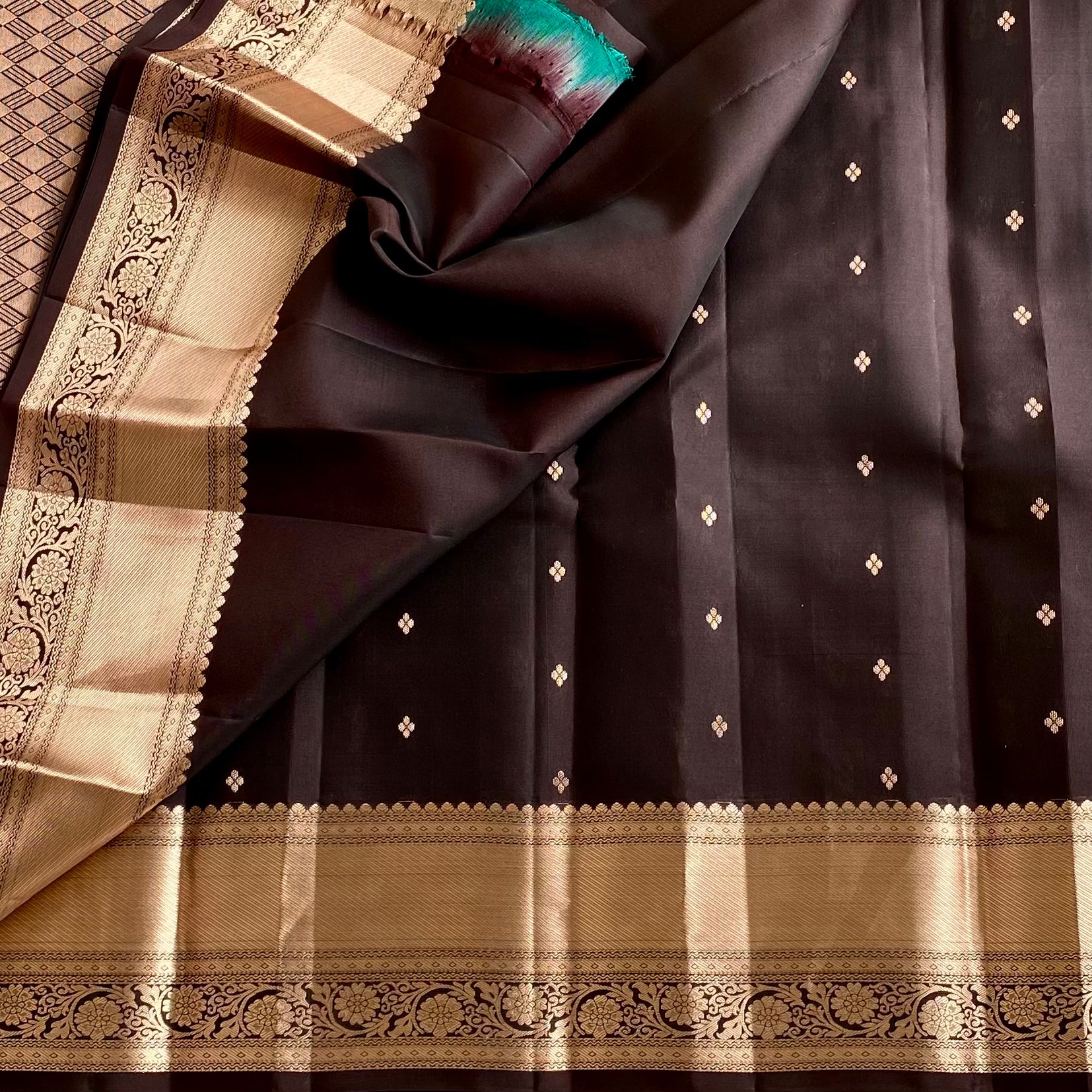 Dark Chocolate Designer Pure Silk With Antique Gold Borders