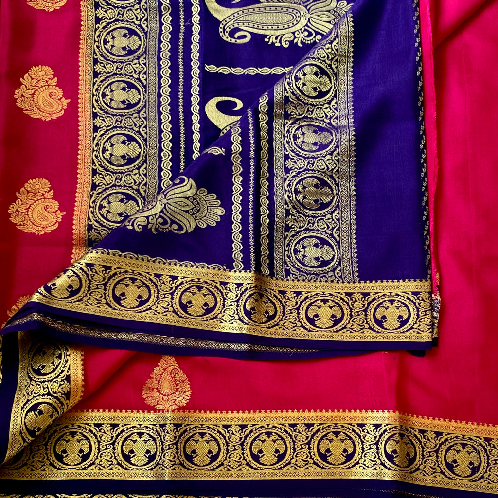 Magenta Silk Saree with Gold Paisley and Indigo Brocade Border