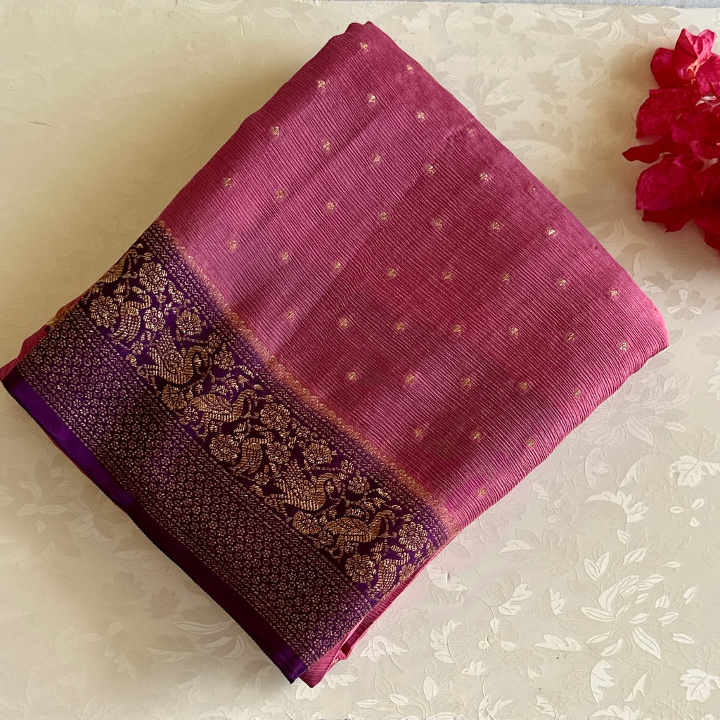 Rani Pink And Royal Purple Soft Tussar Silk Saree With Gold Zari