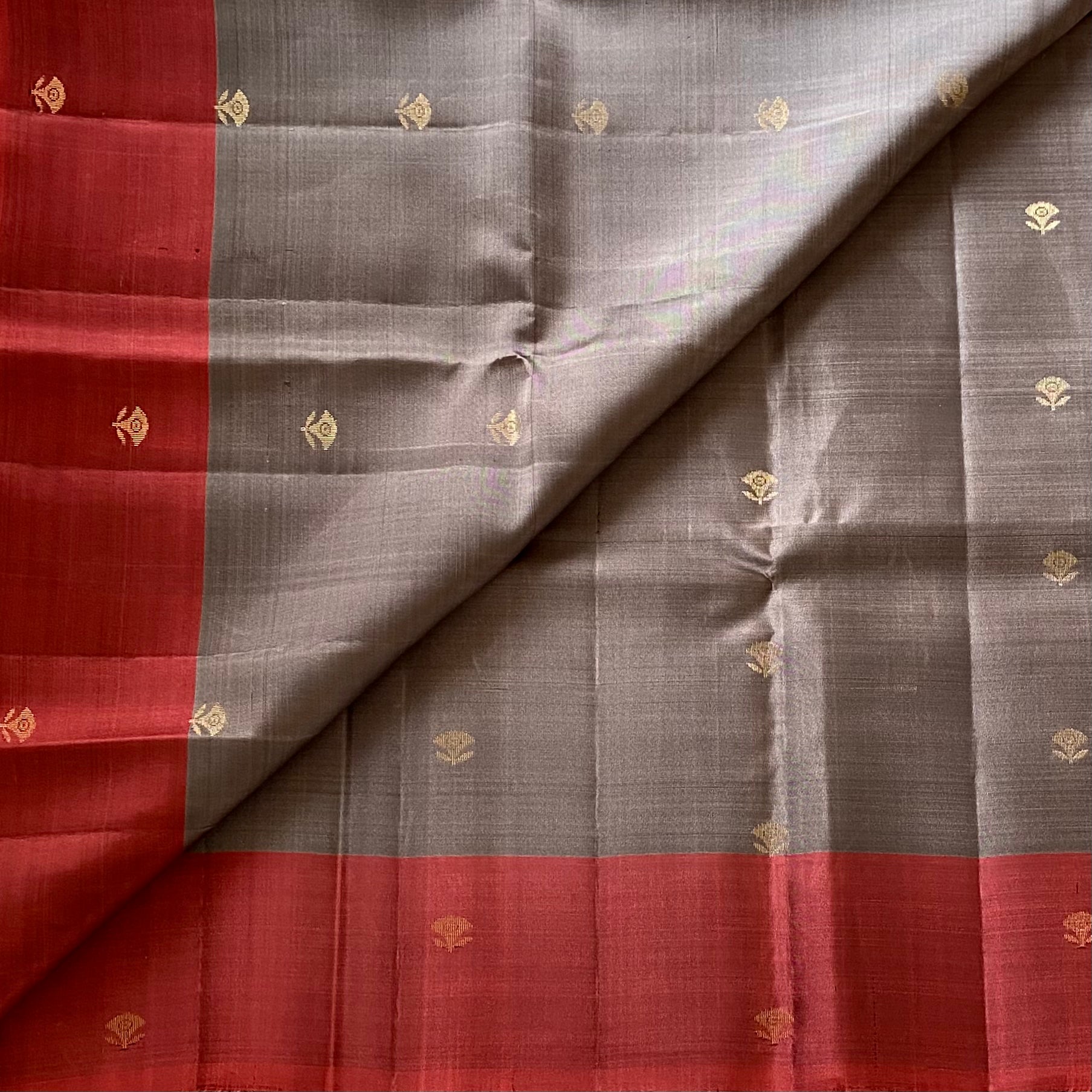 Charcoal Grey Designer Pure Silk Saree Deep Maroon Contrast Pallu