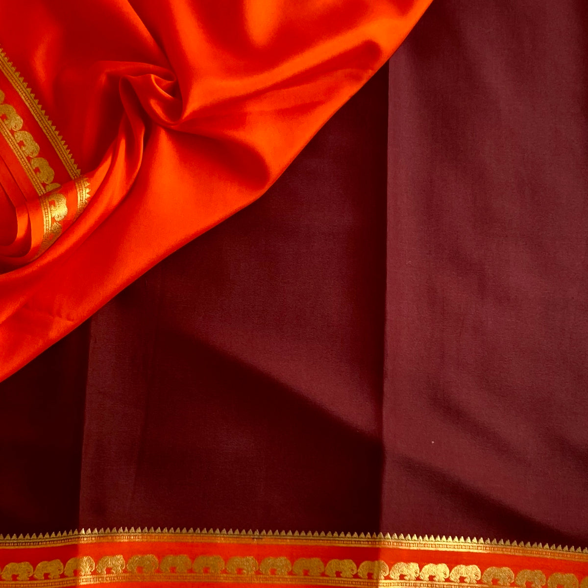Deep Wine Brown Mysore Crepe Silk Saree With Sunset Orange Pallu