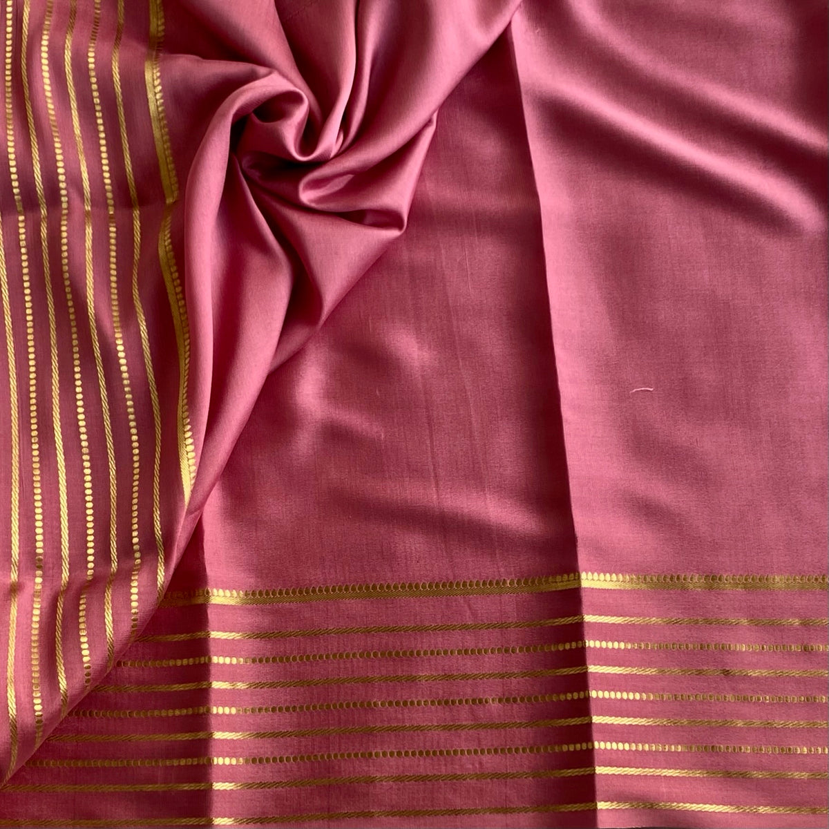 Metallic Rose Pink Mysore Crepe Silk Saree With Gold Striped Pallu And Border