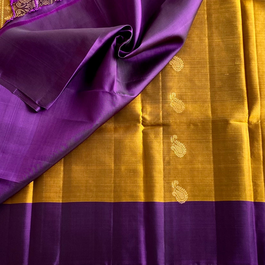 Mustard Gold Designer Pure Silk Saree With Royal Purple Pallu
