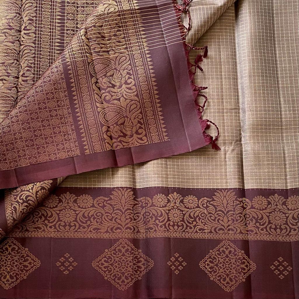 Greyish Beige Designer Pure Silk Saree With Wine Brown Woven Border