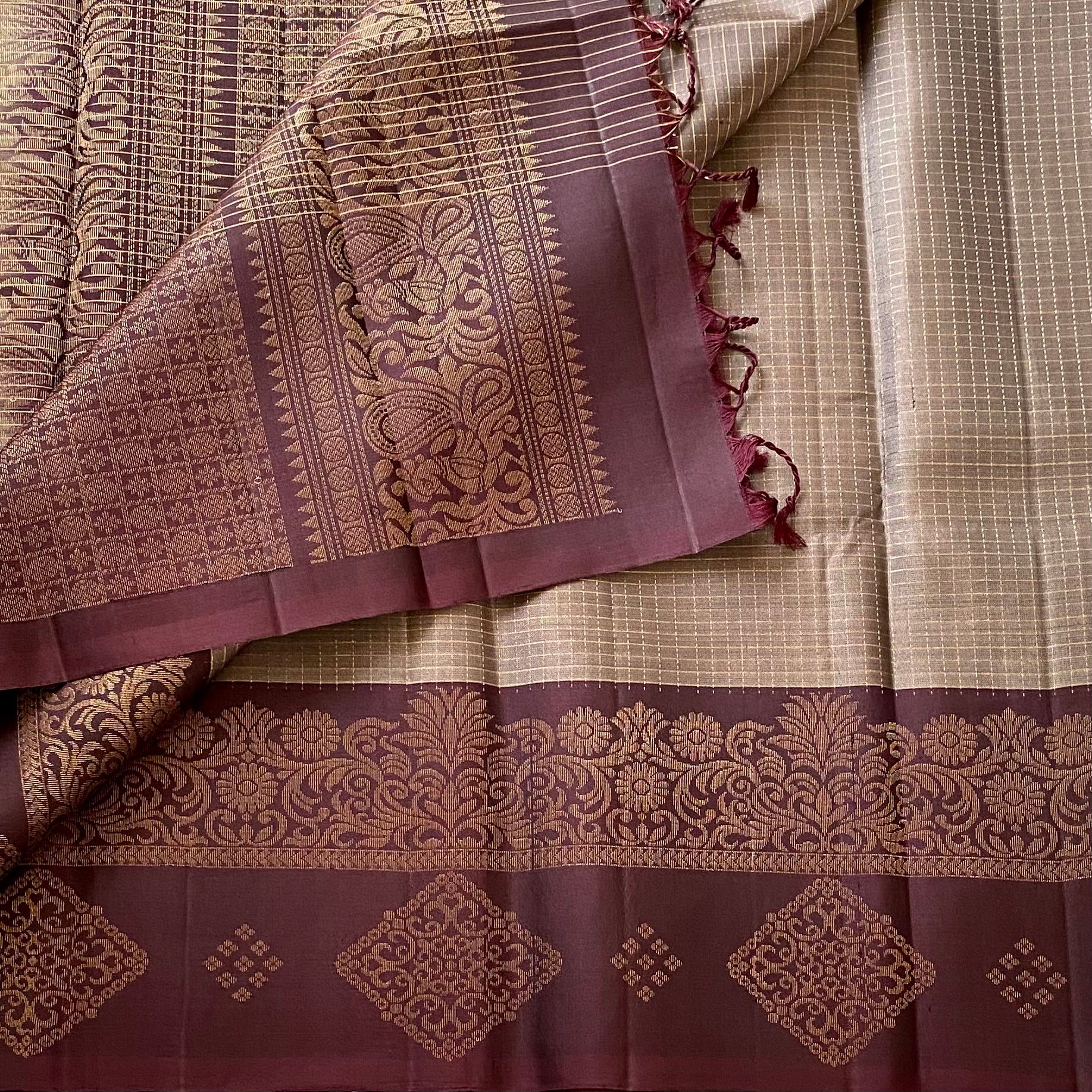 Greyish Beige Designer Pure Silk Saree With Wine Brown Woven Border