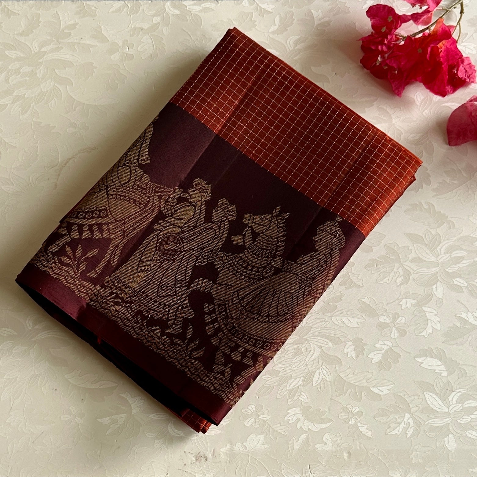 Brick Rust Designer Pure Silk Saree With Wine Brown Pallakki Borders