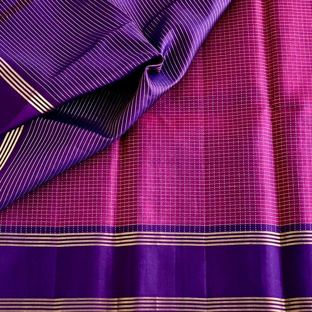 Dual Shaded Magenta Checkered Pure Silk With Purple Pallu Striped Border