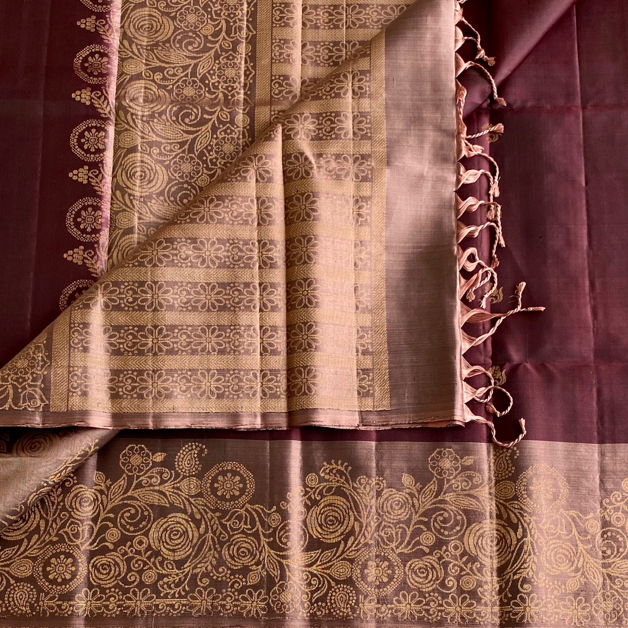 Deep Wine Maroon Designer Pure Silk Saree With Antique Metallic Pallu