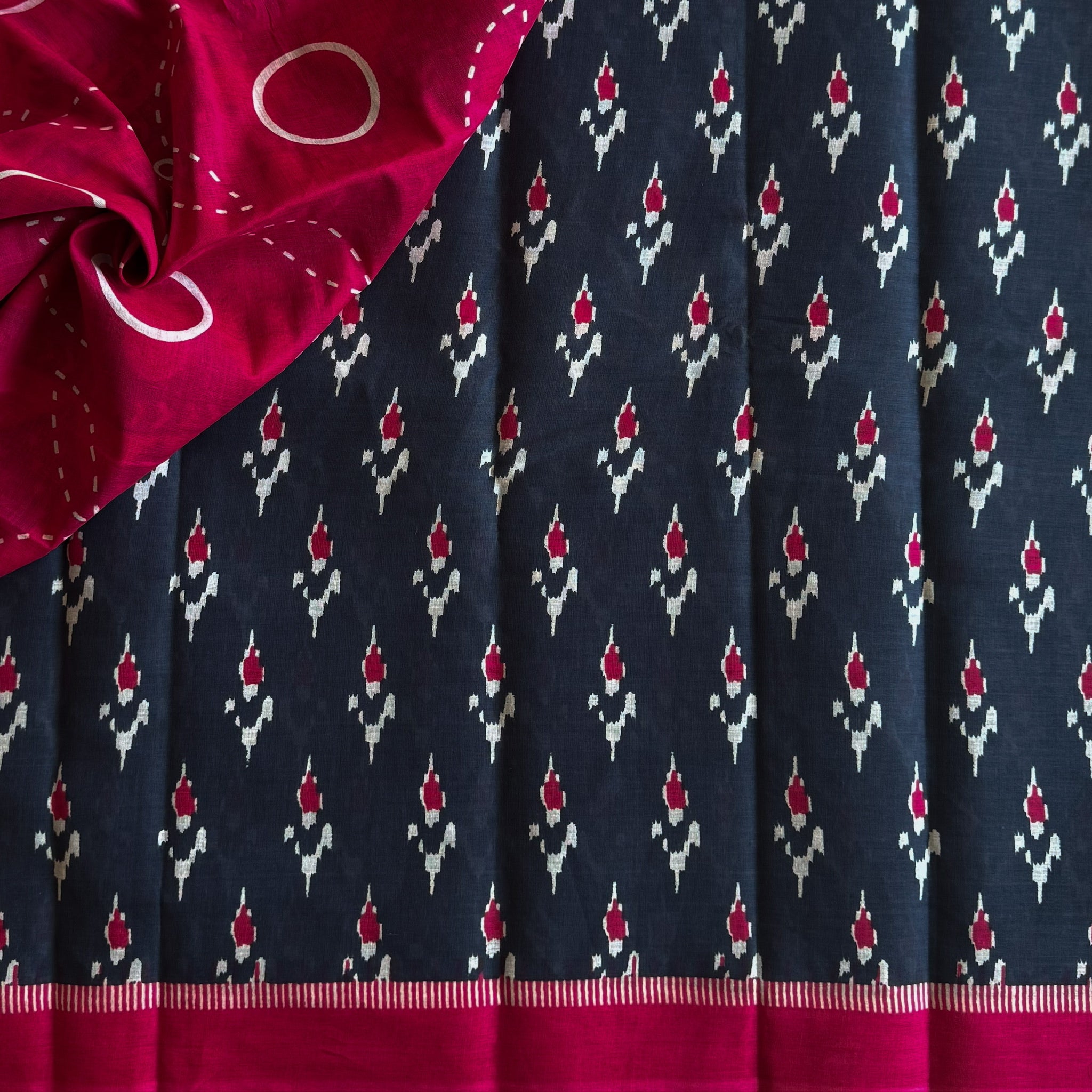 Navy Magenta Ikat Saree Floral Stripe Pallu Traditional Elegant Design