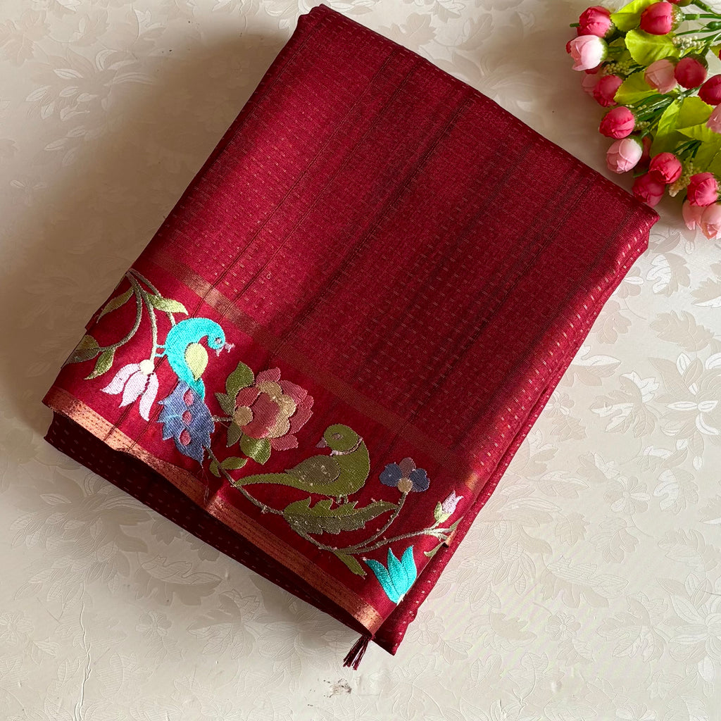 Deep Maroon Embroidered Soft Tussar Silk Saree With Antique Gold Pallu